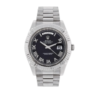 rolex white gold day date ii presidential black roman dial 218239 replica 1.png