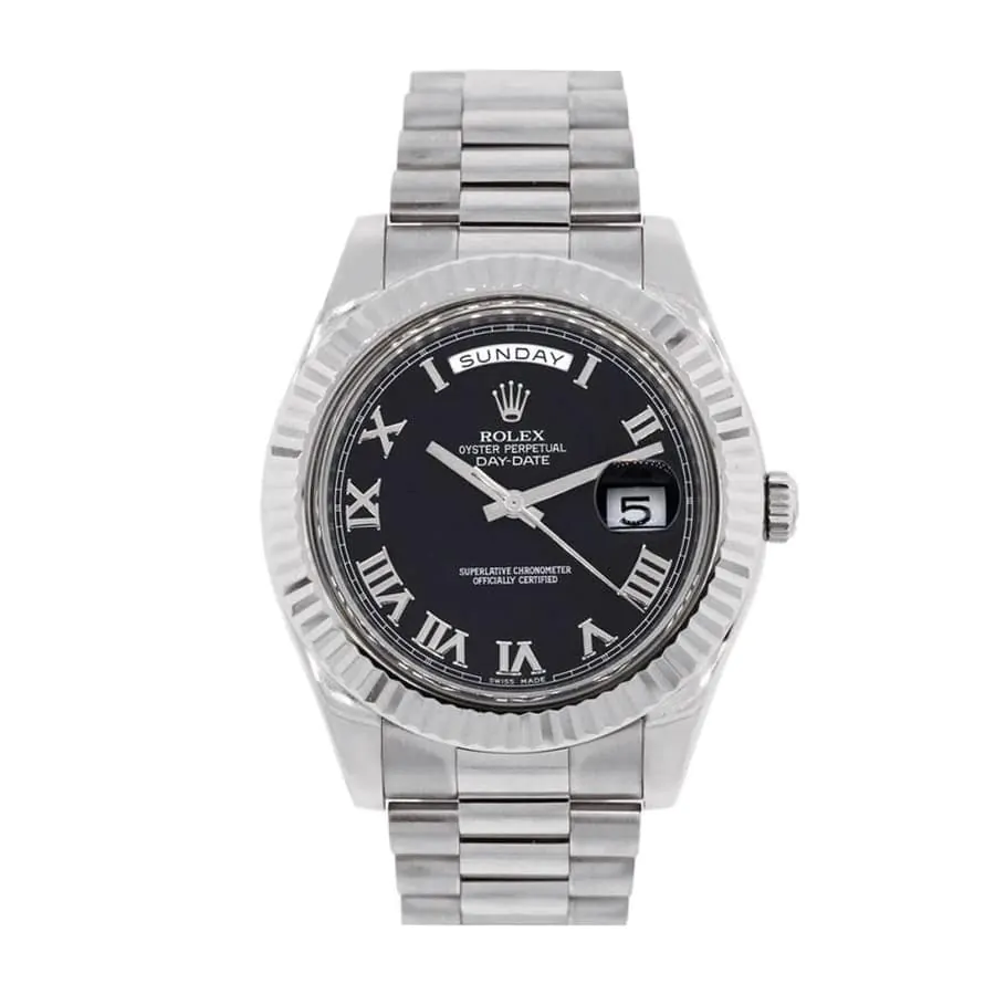 rolex white gold day date ii presidential black roman dial 218239 replica 1.png